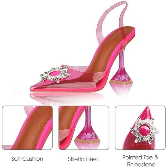 Womens Clear Heeled Sandals Pointed Toe Crystal Rhinestones Sparkly High 5.5 - Picture 4 of 6